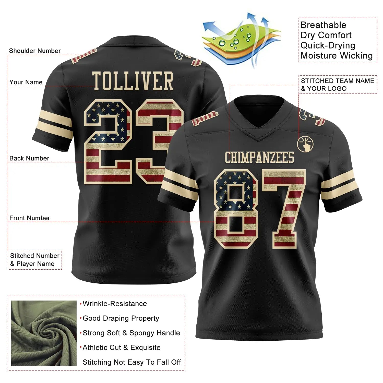 Custom Black Vintage USA Football Jersey